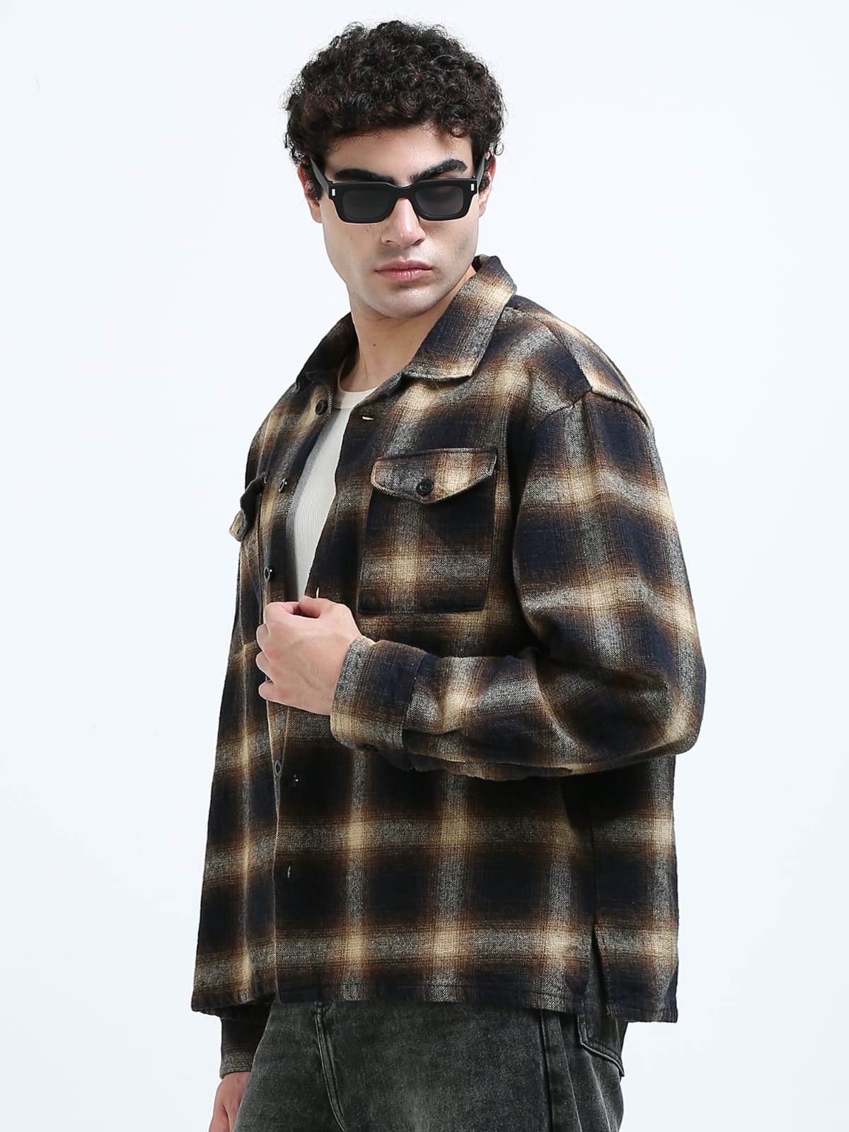 Men's Brown & Black Check Overshirt | Relaxed Fit Flannel Shirt