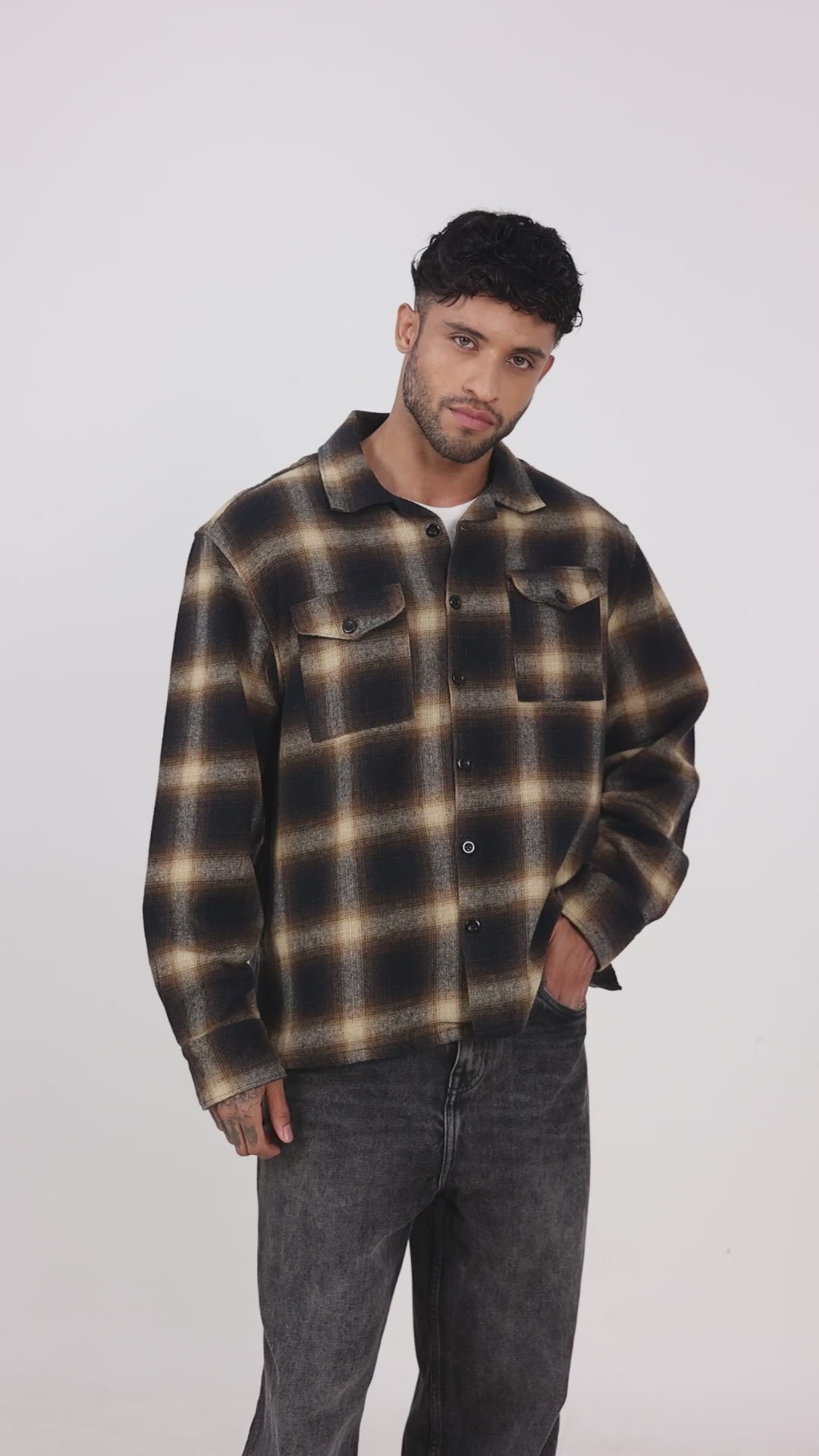 Men's Brown & Black Check Overshirt | Relaxed Fit Flannel Shirt